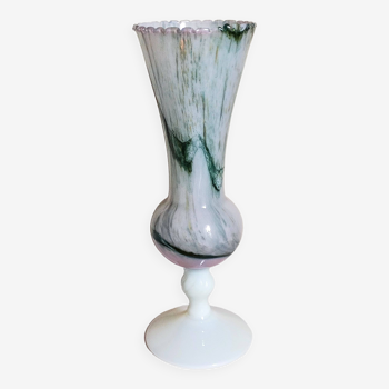 Vase sur pied en opaline et verre soufflé vintage 30 cm