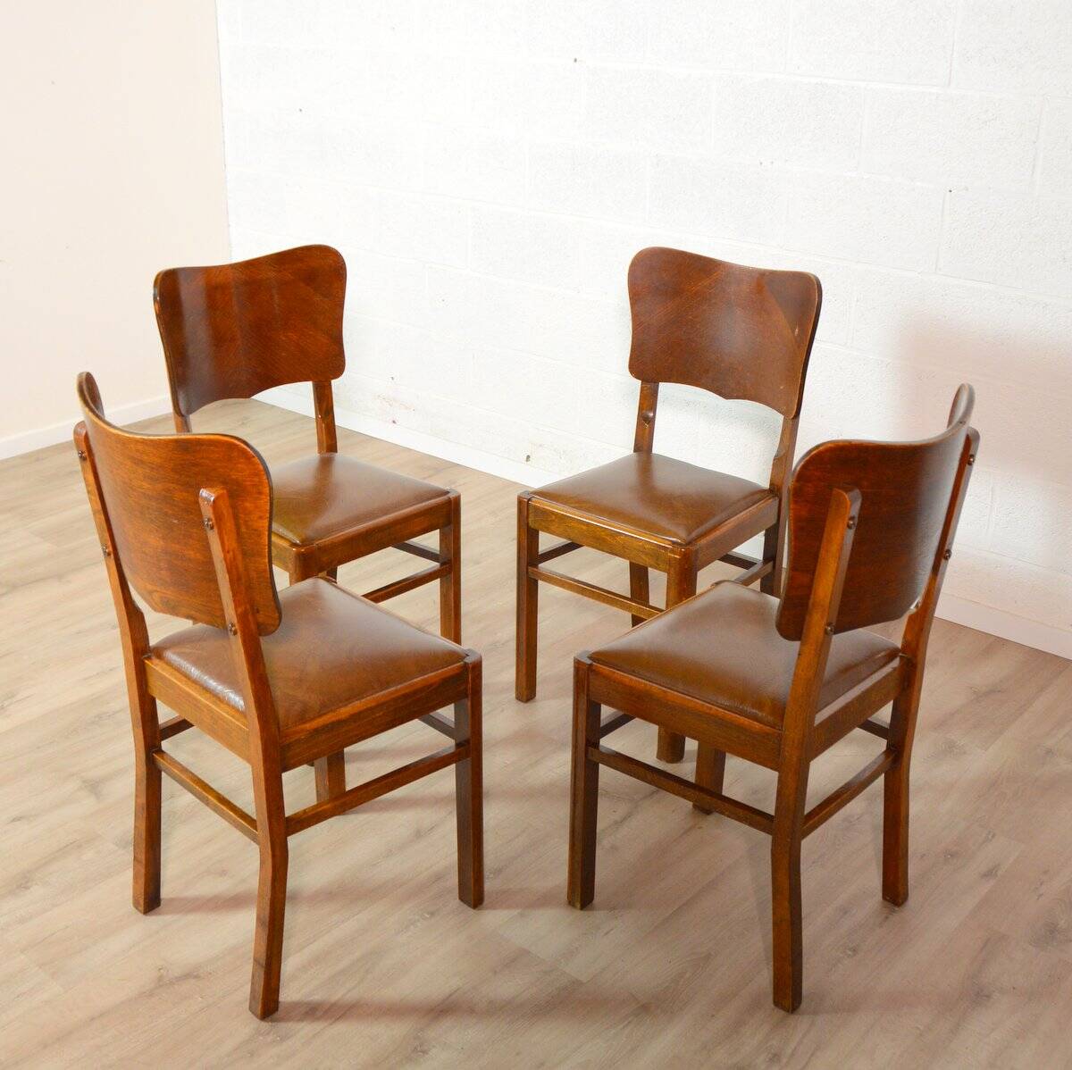 Set of 4 wood and vinyl bistro chairs 1930