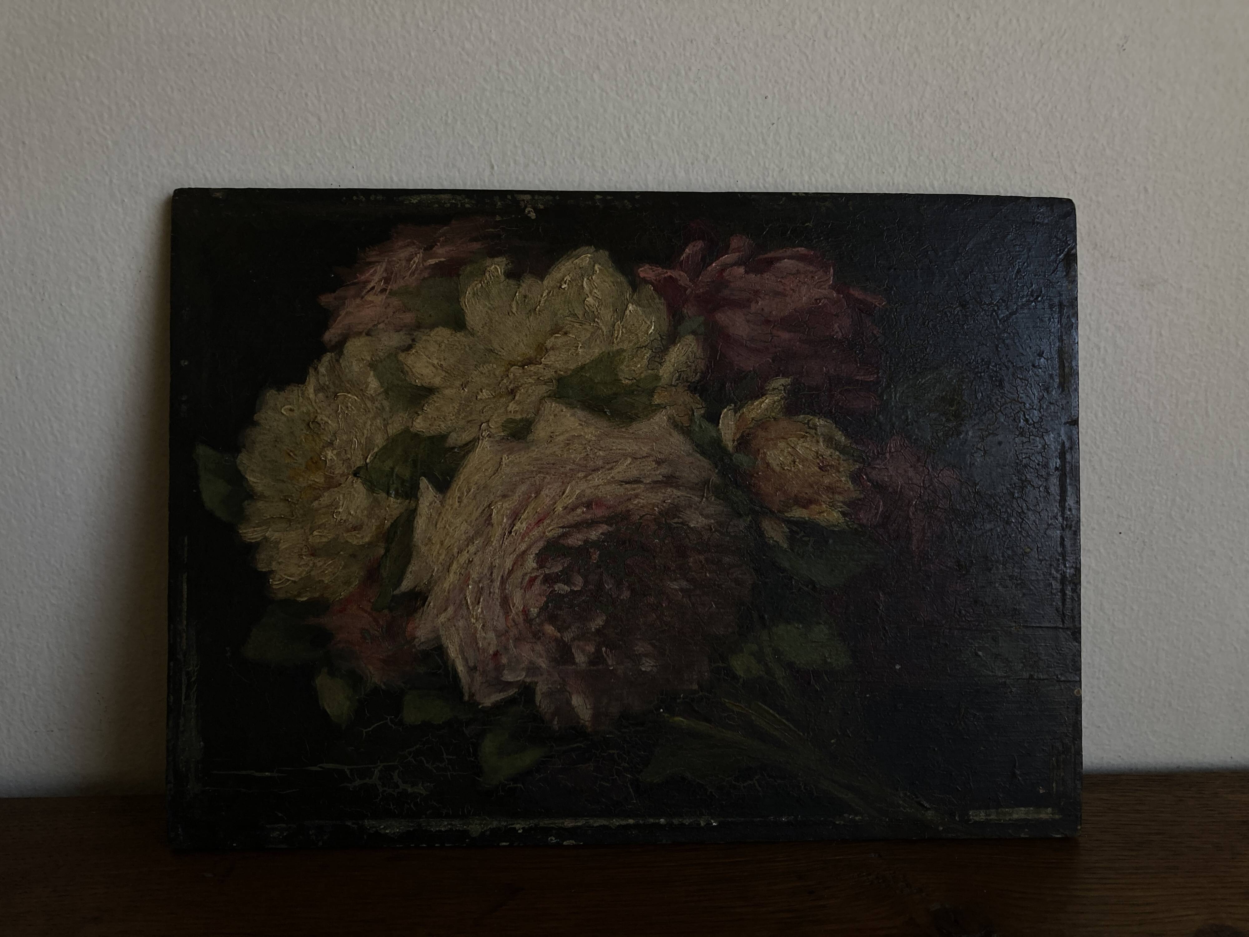 Painting of 19 roses from the garden, oil on wood.