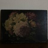 Painting of 19 roses from the garden, oil on wood.