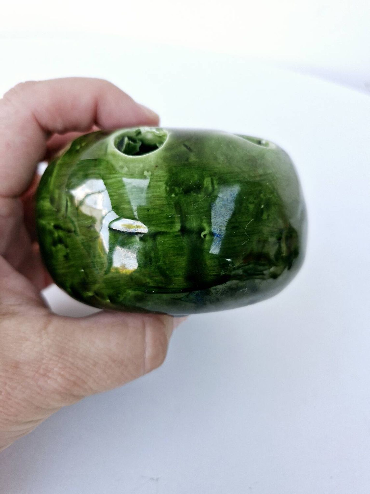 Pique Fleurs Ancien 7 Trous Céramique Emaillée Signée Samuel Vert D 9cm