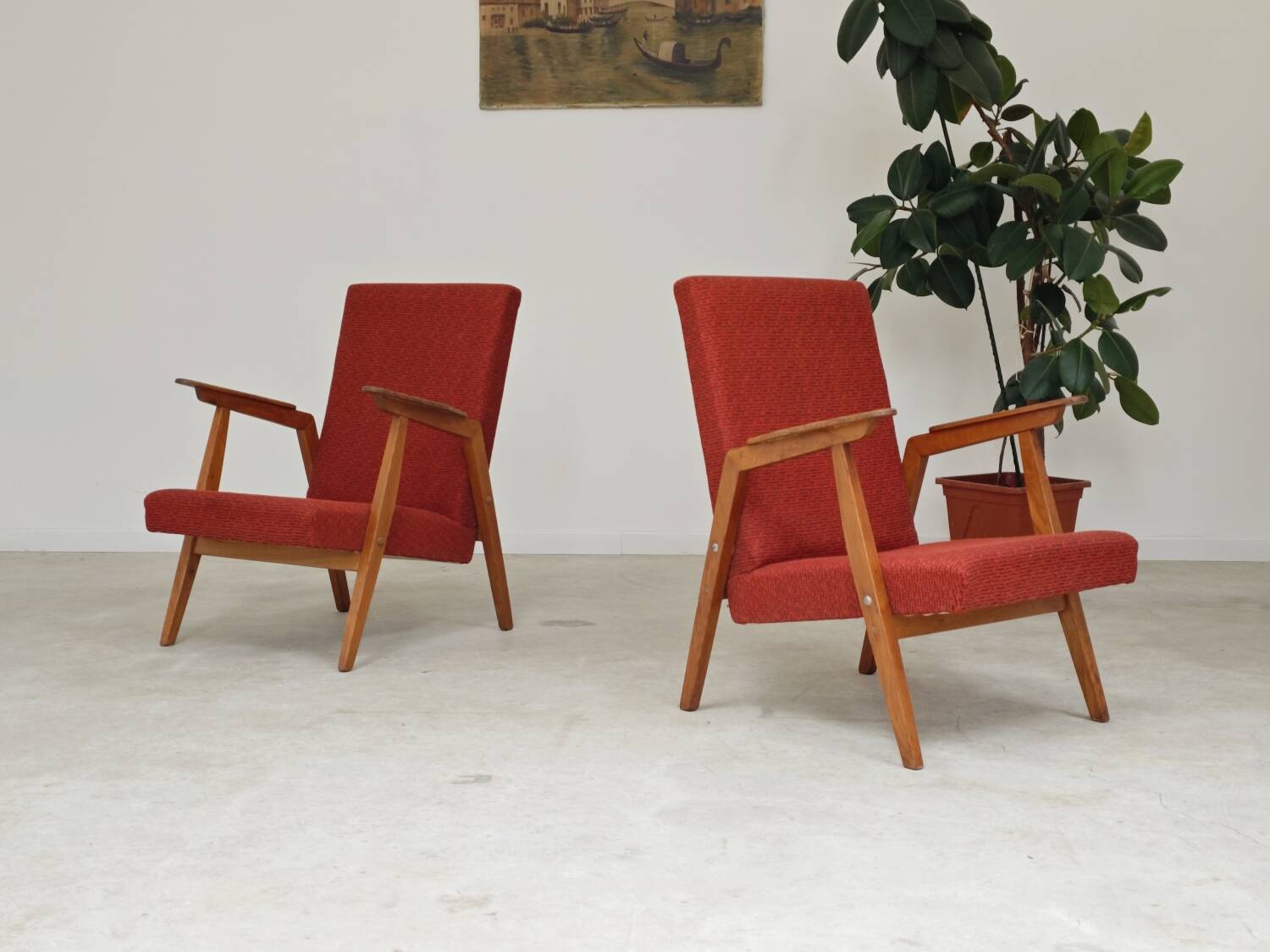 Pair of Uluv red Eastern Bloc armchairs, 1960s