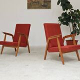 Pair of Uluv red Eastern Bloc armchairs, 1960s
