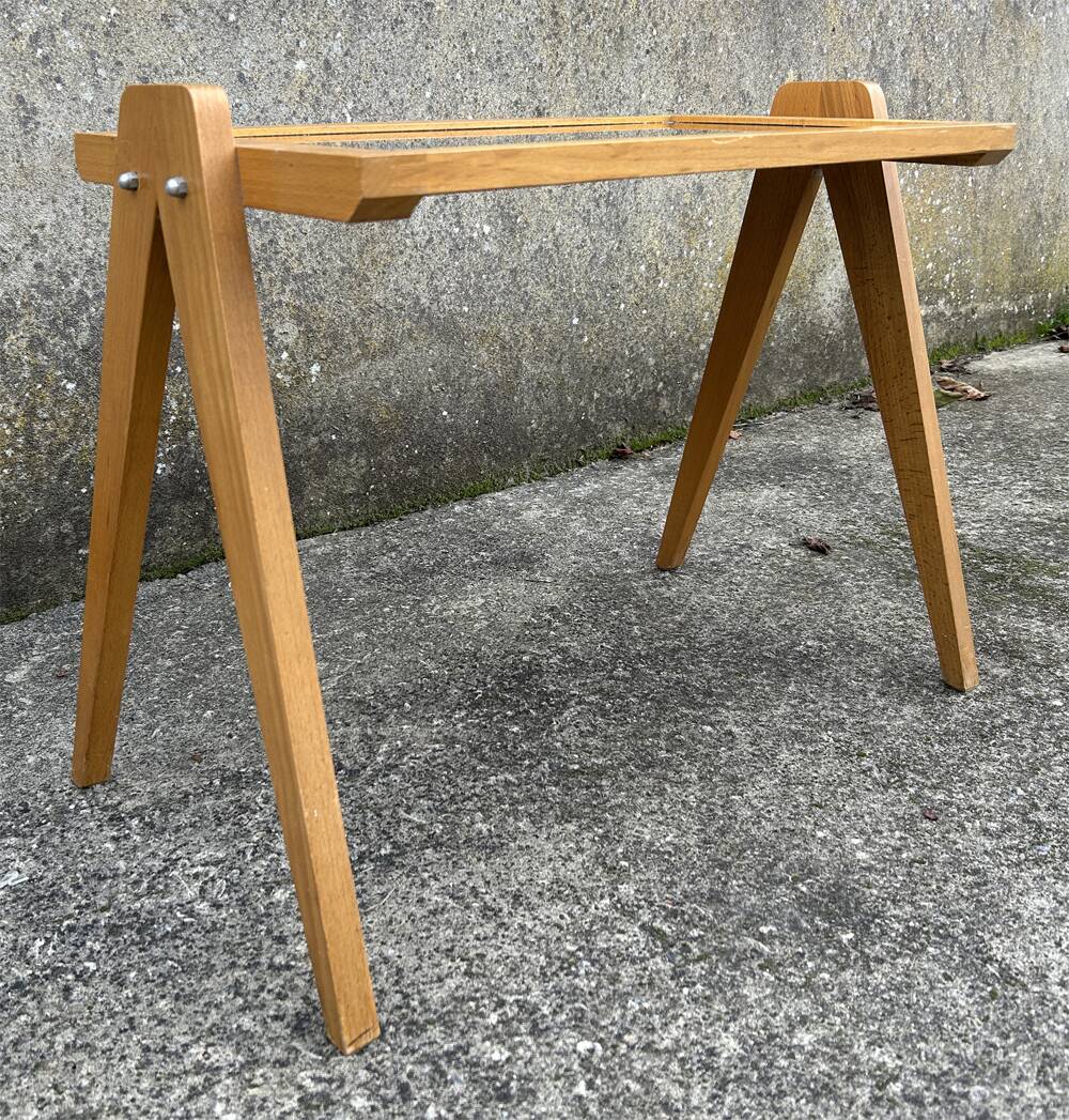 Small coffee table, wood, compass legs and mirror, vintage, 1960s