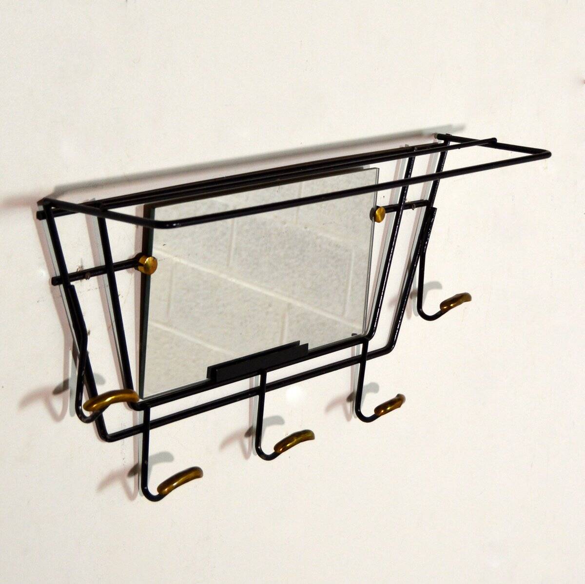 Black and gold brass wall-mounted coat rack / hat rack, 1950s