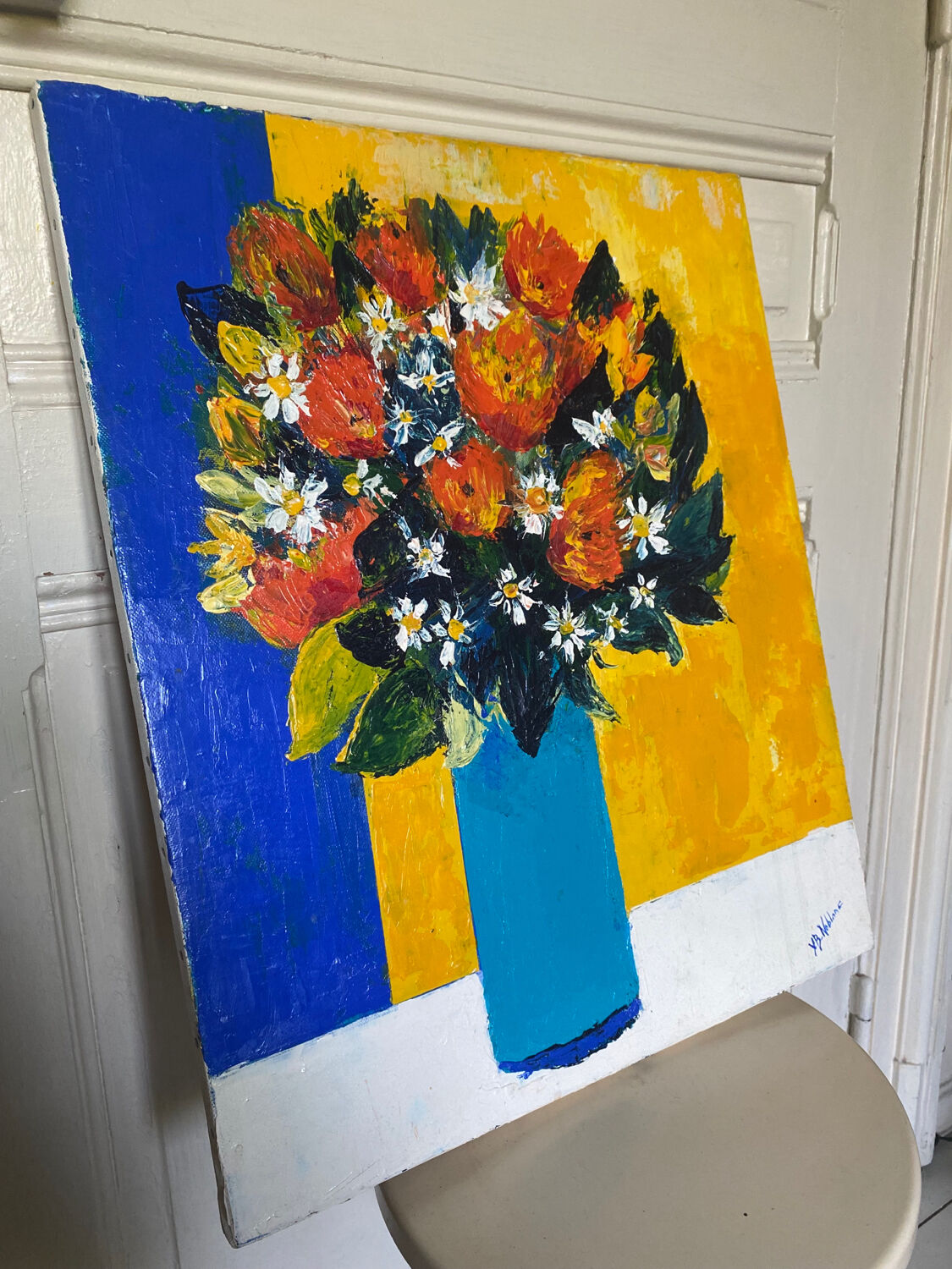 Painting colorful bouquet of flowers signed modernist canvas
