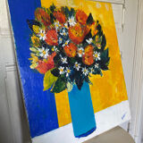 Tableau peinture bouquet de fleurs coloré signé toile moderniste