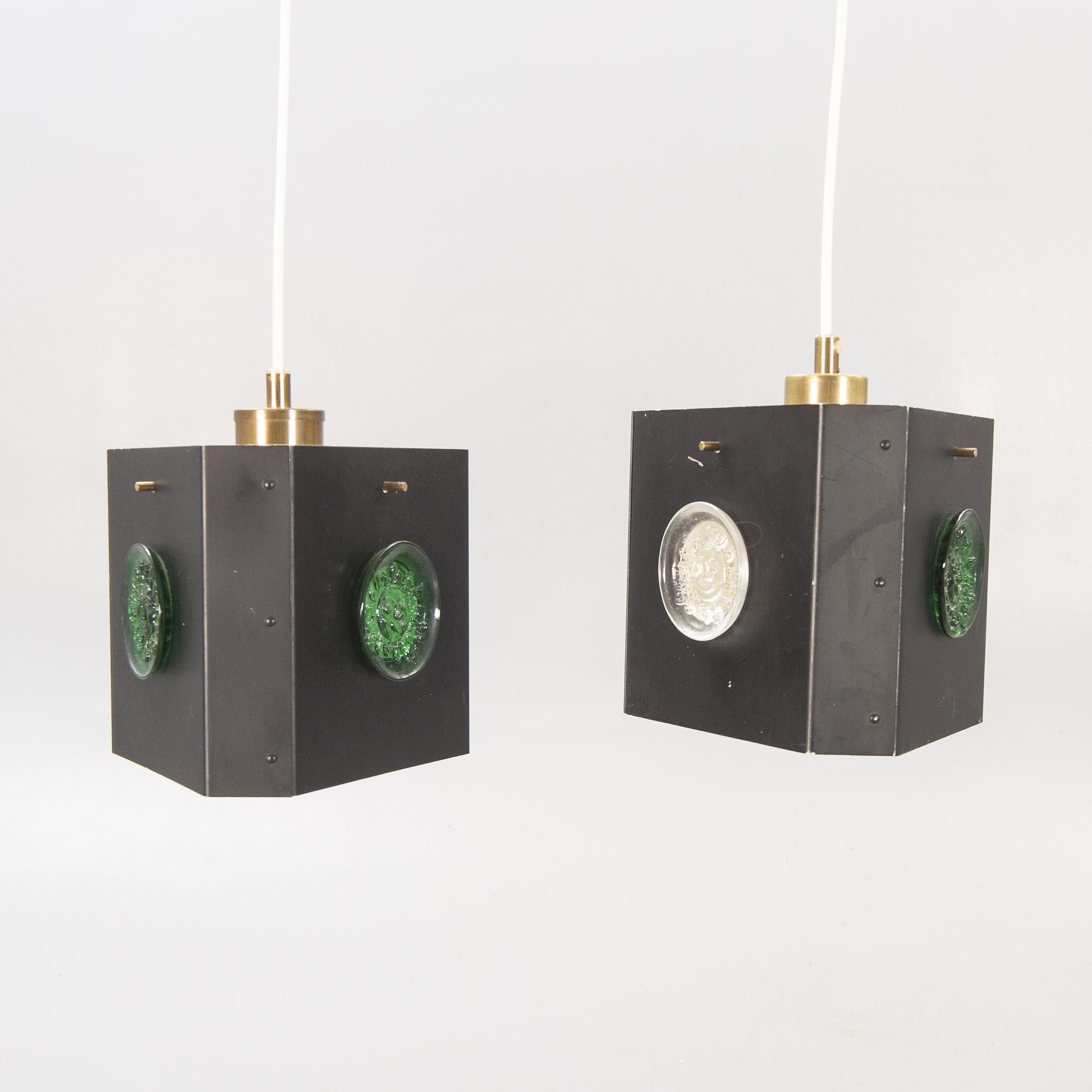 Pair of triangular pendant lamps by Hans Bergstrom, Sweden, 1950.