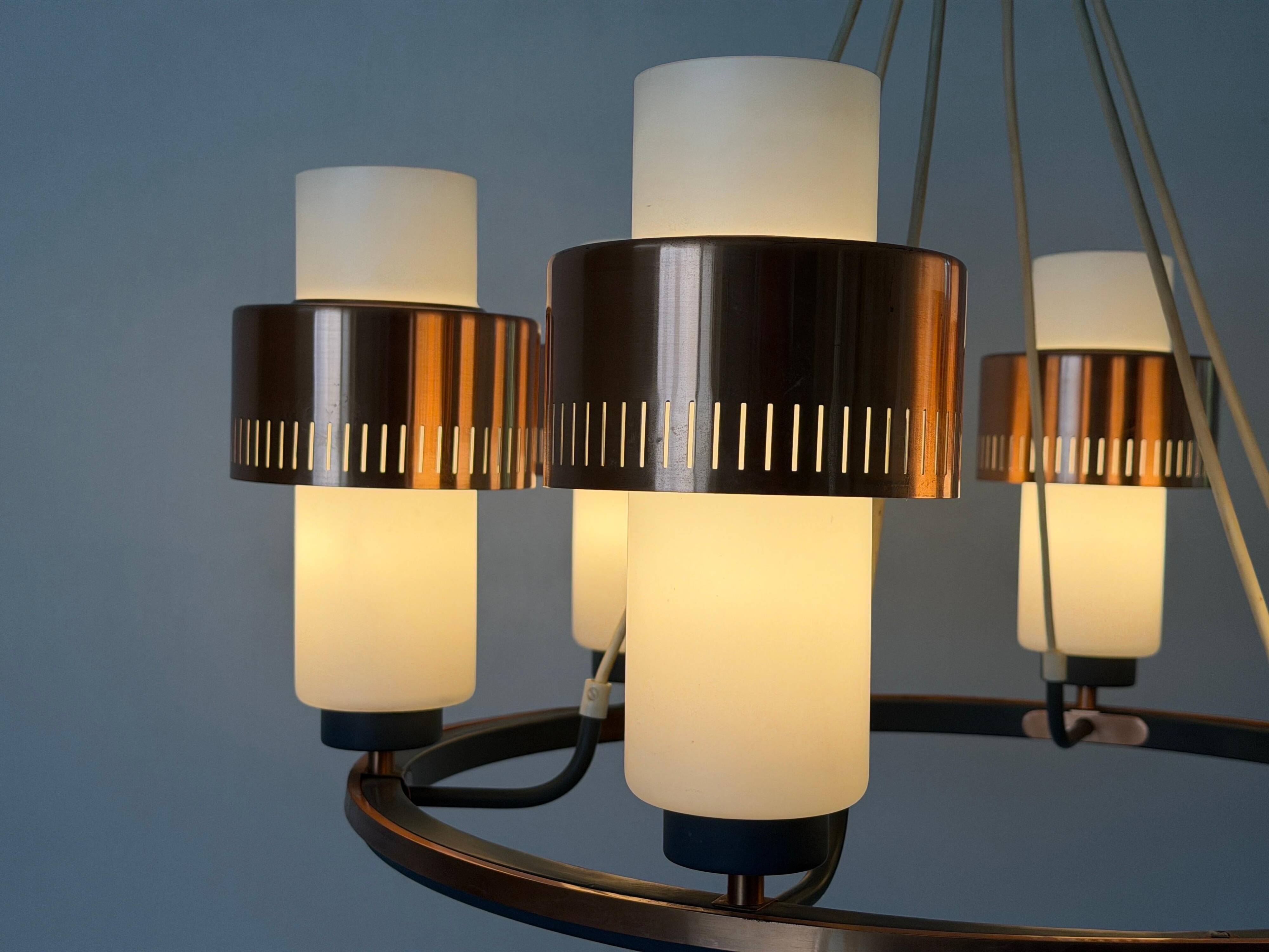 Large ceiling light with 6 arms in copper metal and glass, 1960s, Germany