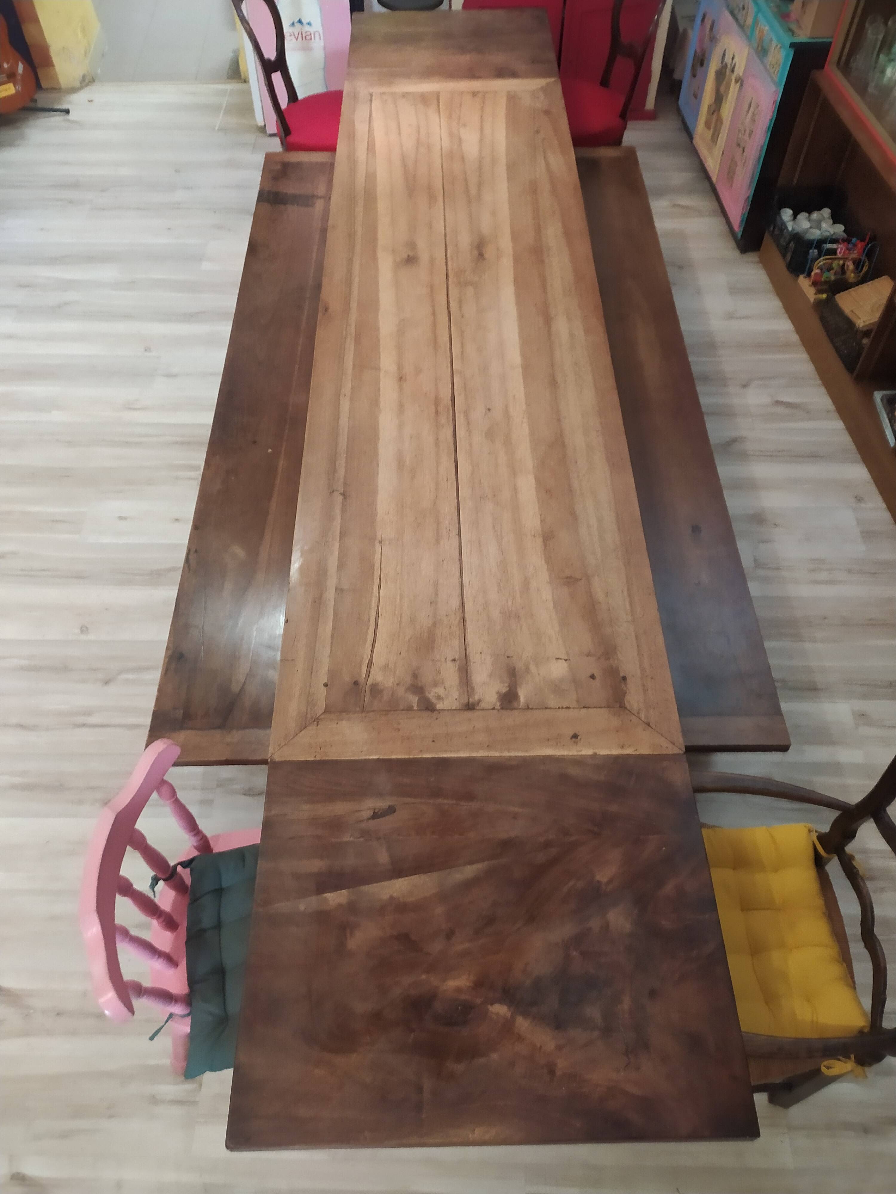 19th-century solid walnut farmhouse table, benches, extensions, Ardèche.