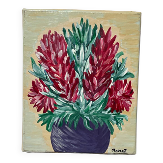 Still life bouquet of flowers painting on canvas signed Morent