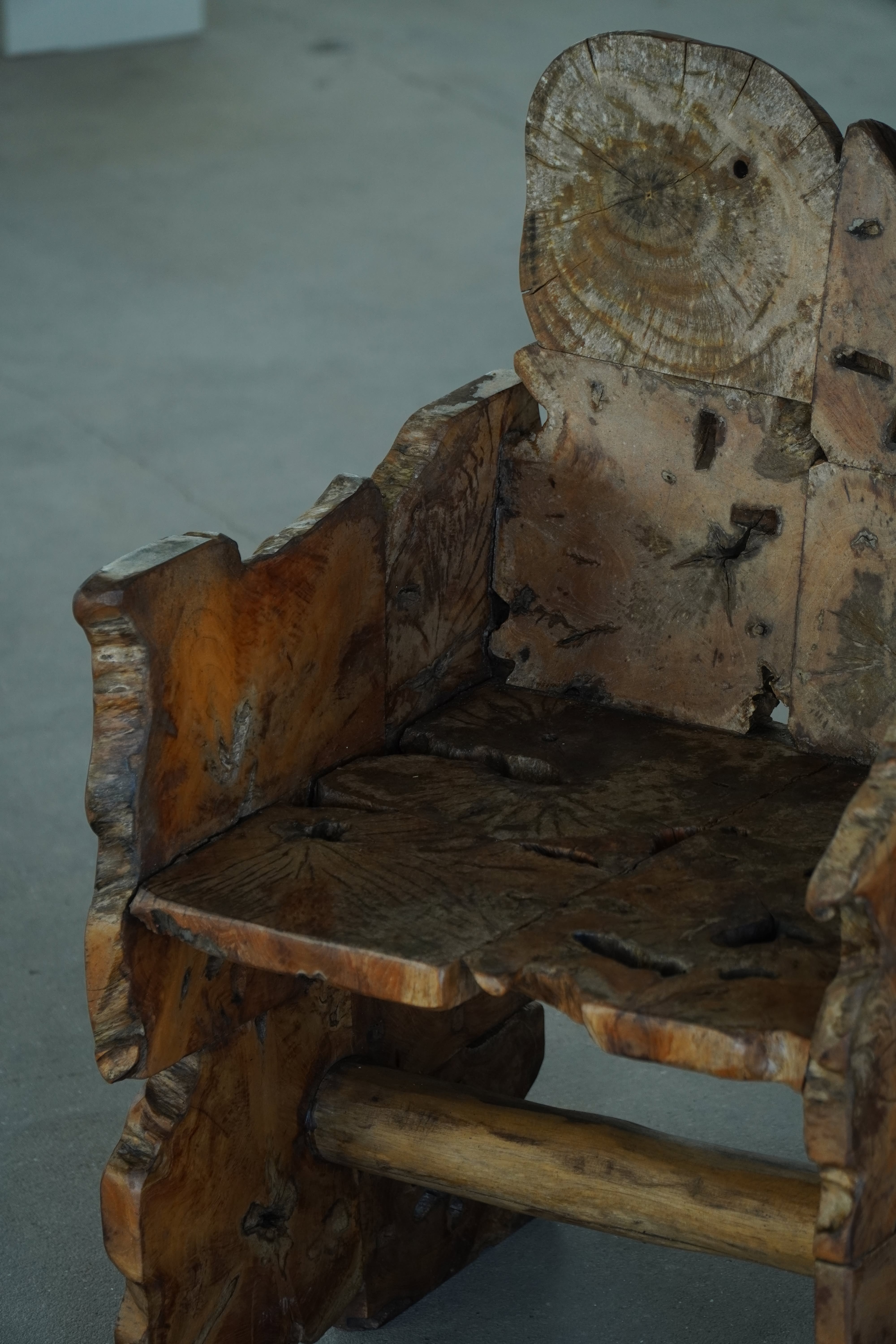 Unique wooden armchair in primitive Scandinavian "wabi-sabi" style, 20th century, 1950s.