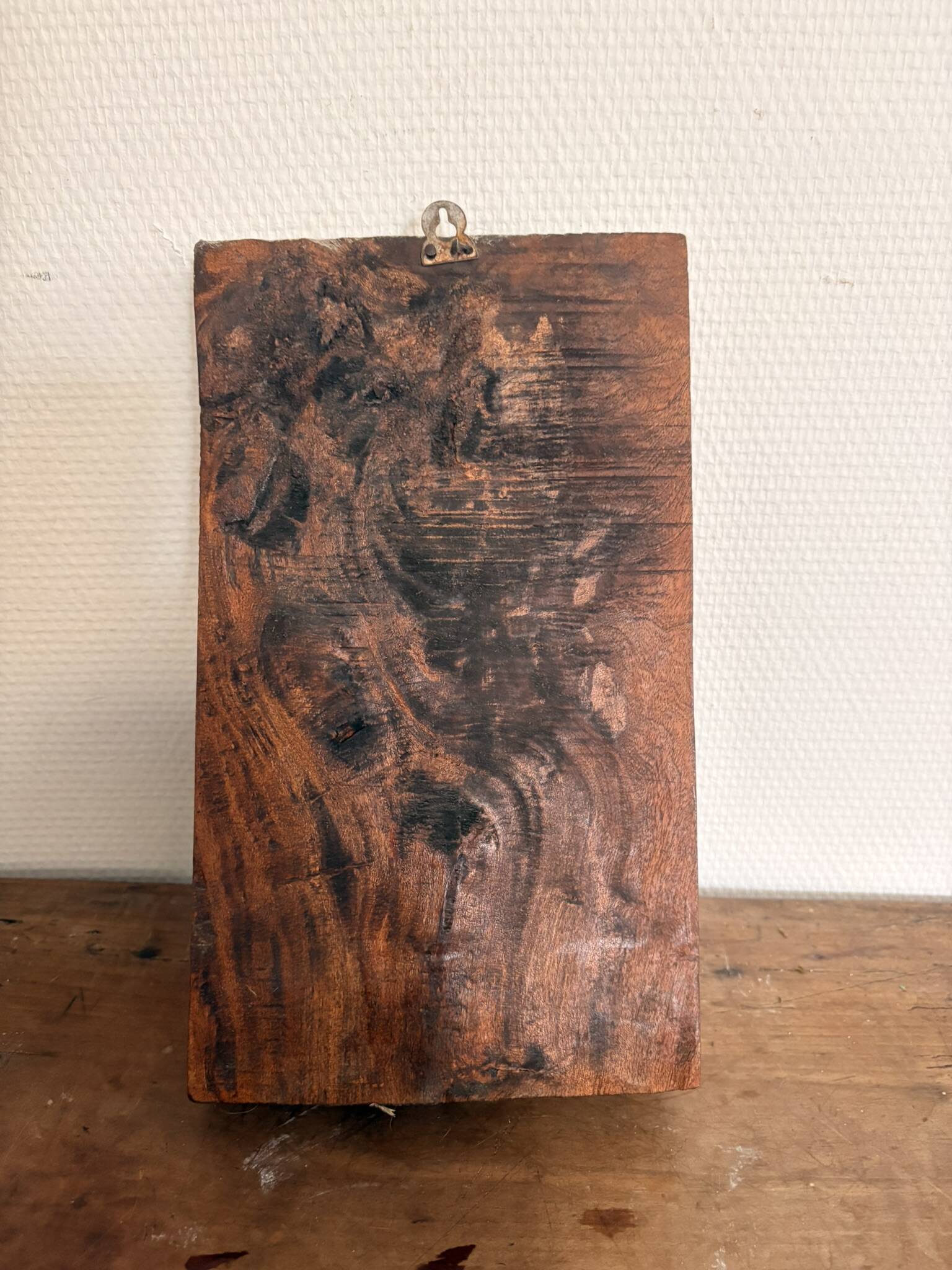 Tableau, panneau en bois sculpté vintage figurant une divinité, Inde