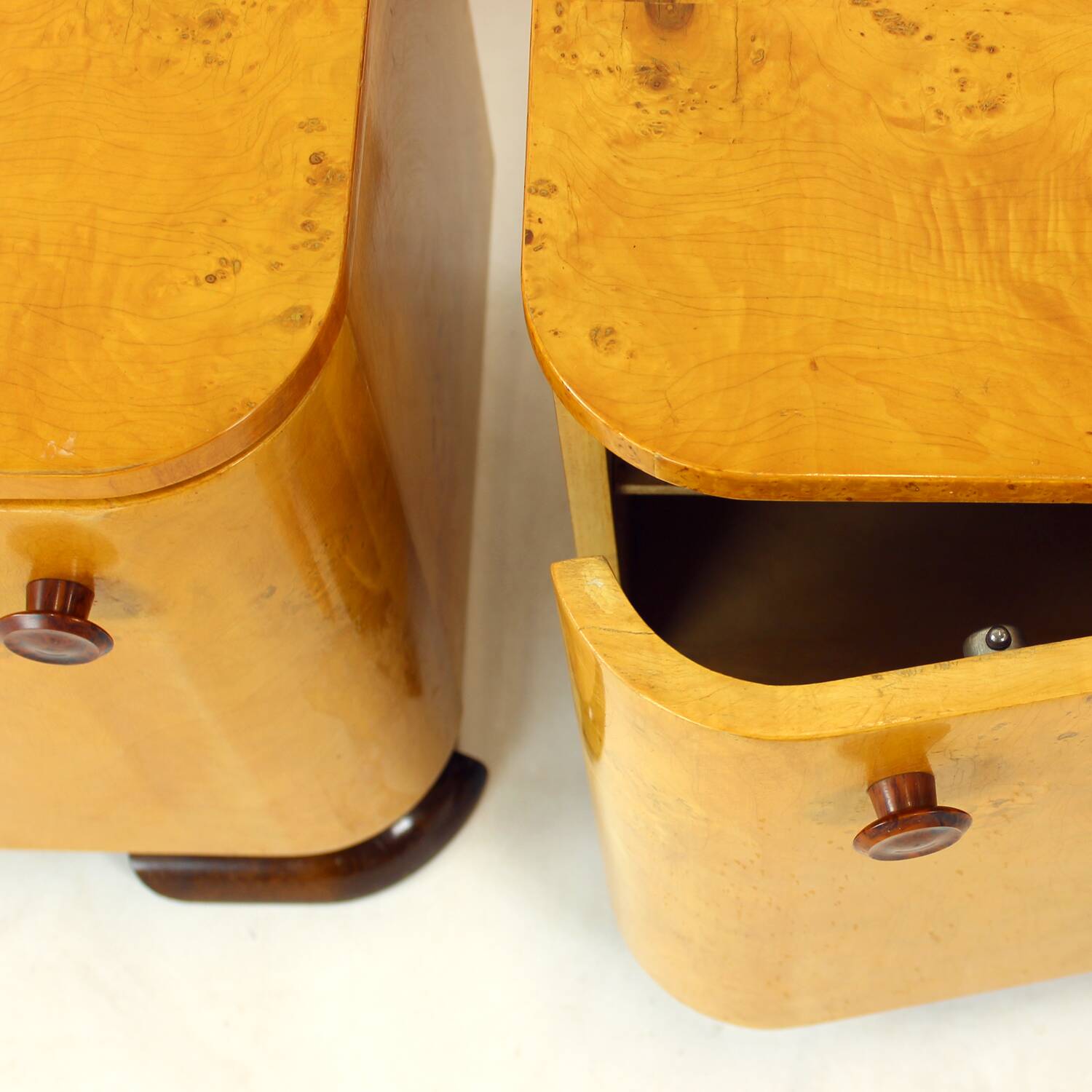 Art Deco Bedside Tables In Root Veneer, Czechoslovakia 1940s