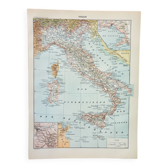 Gravure • Italie, carte, géographie • Affiche originale et vintage de 1898