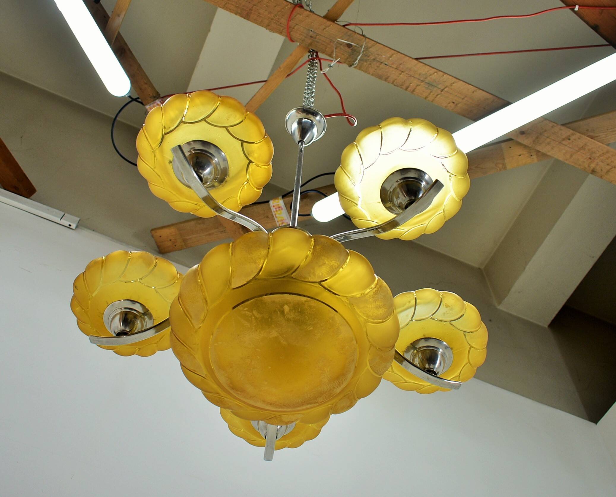 Art deco chrome and glass chandelier, 1930s