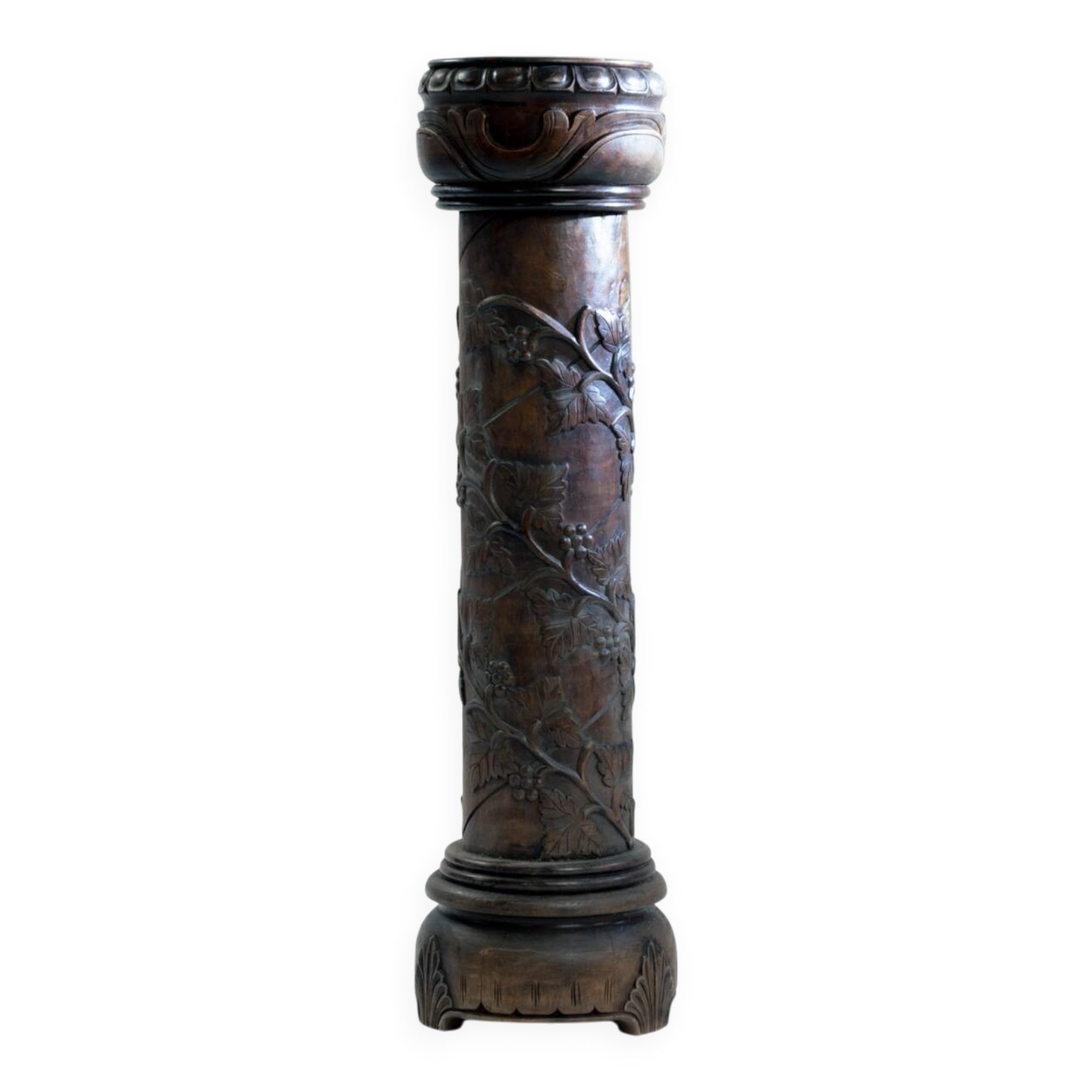 Handcarved wooden pedestal column with grapevine motiv, France 1950s