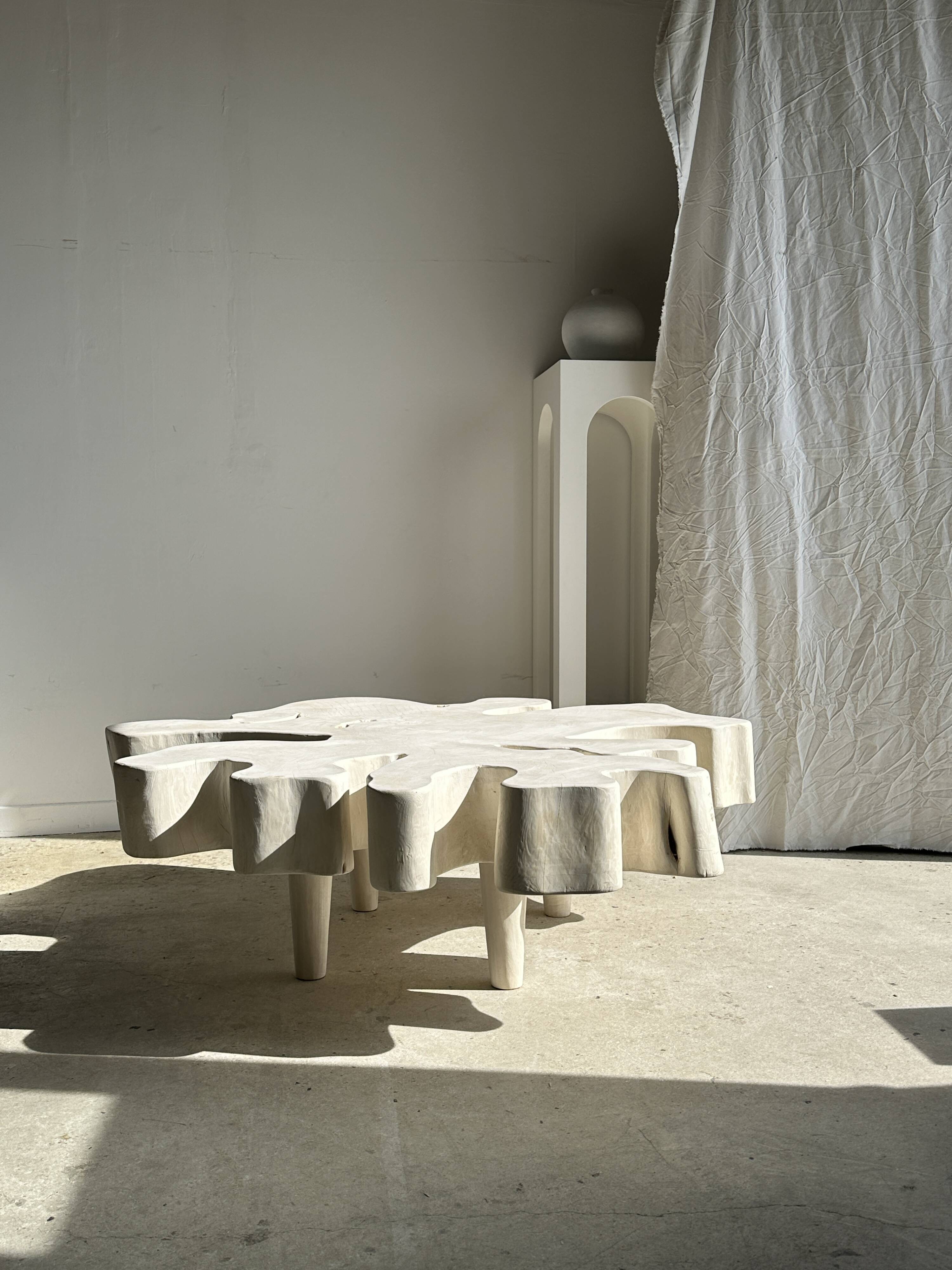 Very large whitewashed mango coffee table with an organic top D:140cm