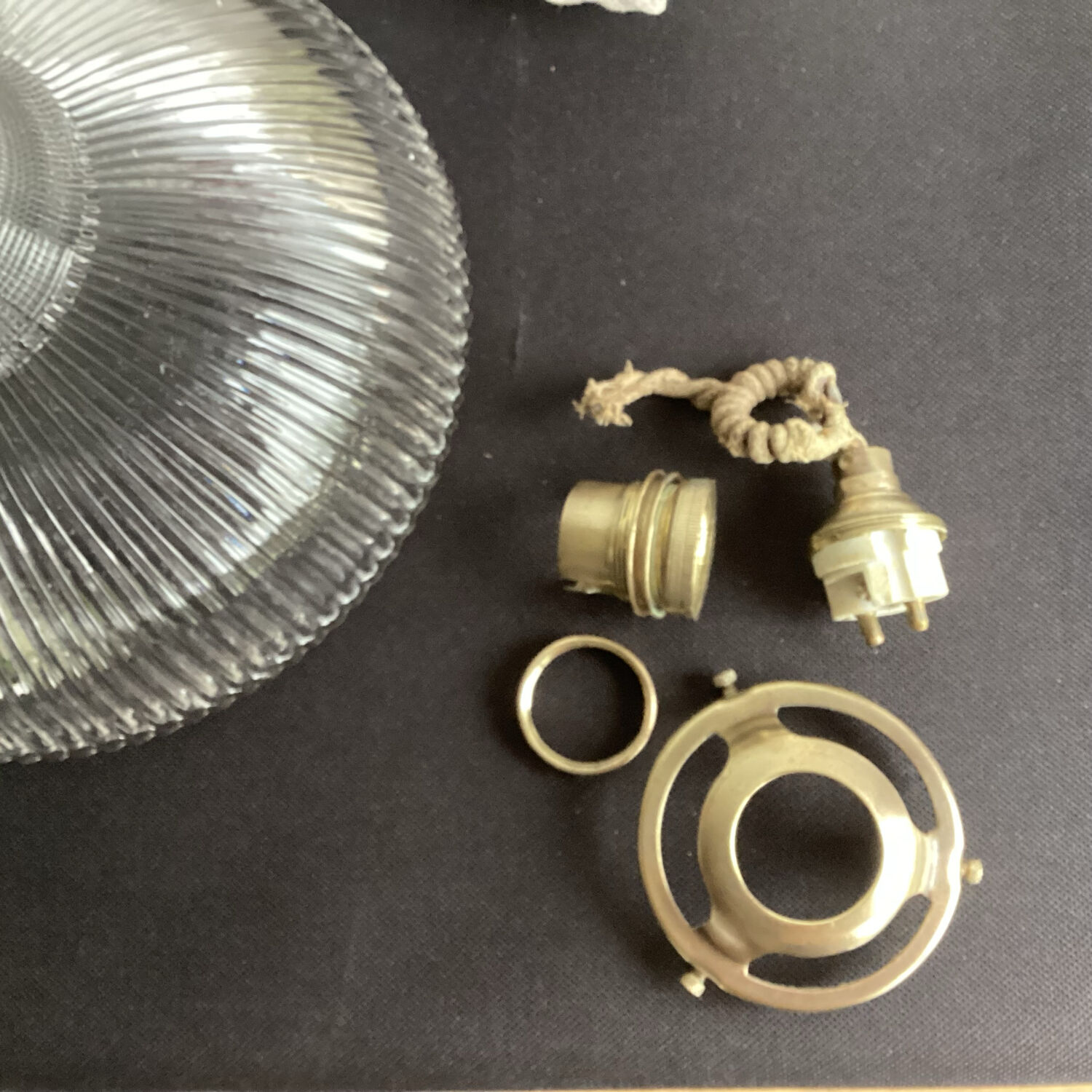 Vintage striped glass holophane pendant light