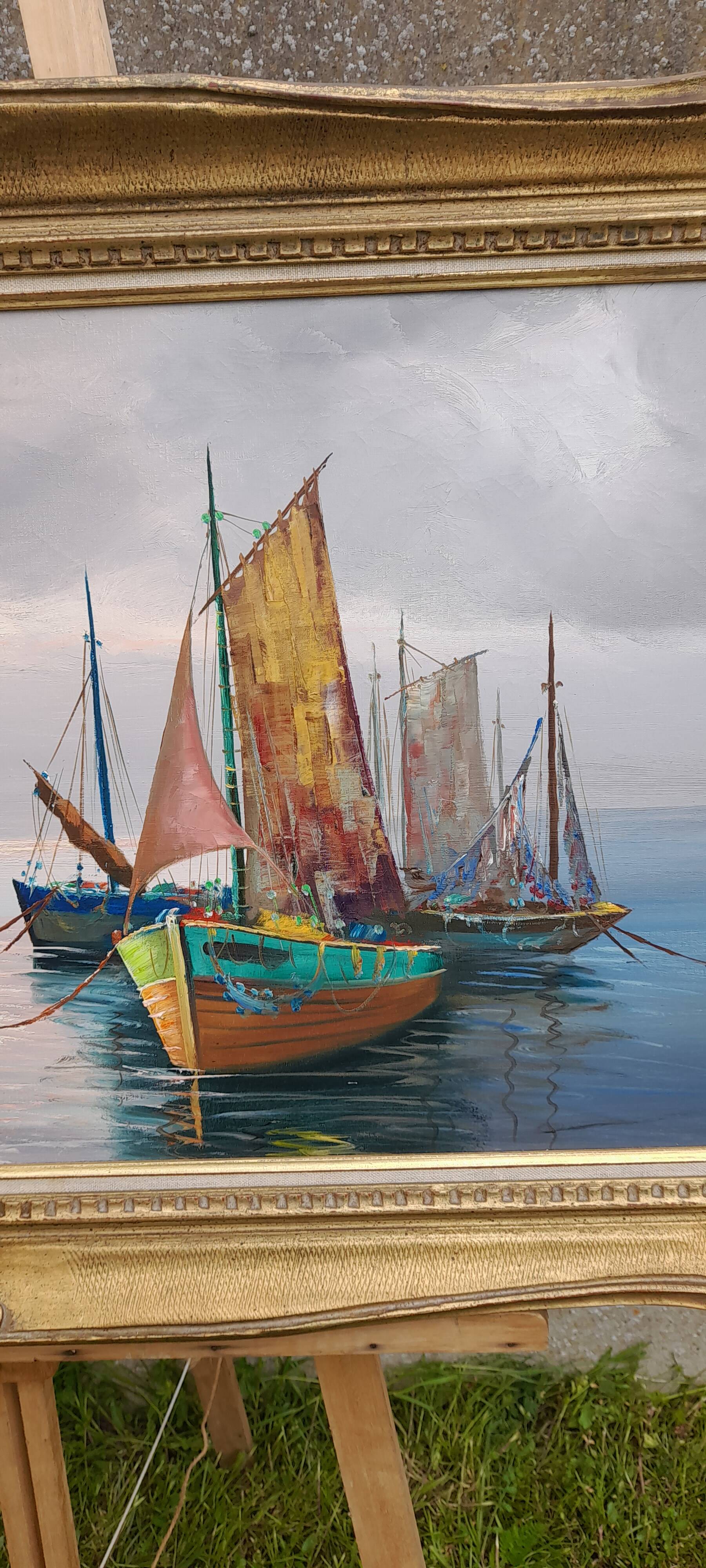 Framed oil on canvas signed Le Mennec fishing boats in Brittany 50 x 100 cm