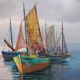 Huile sur toile encadrée signée Le Mennec bateaux de pêche en Bretagne  50 X 100 cm