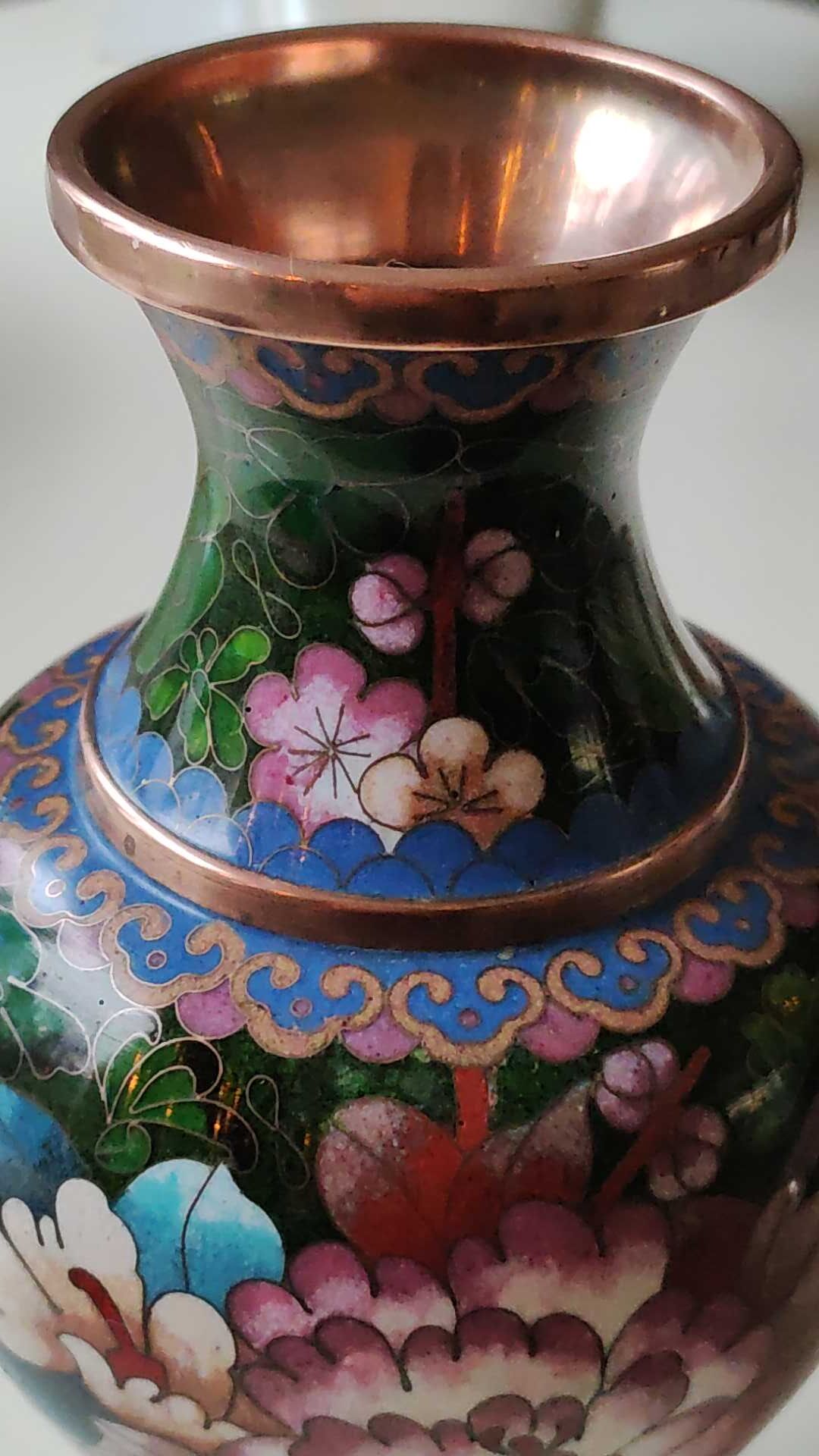 Chinese handcrafted baluster vase, hand-painted, in cloisonné enamel/Floral motifs, peonies 21 cm