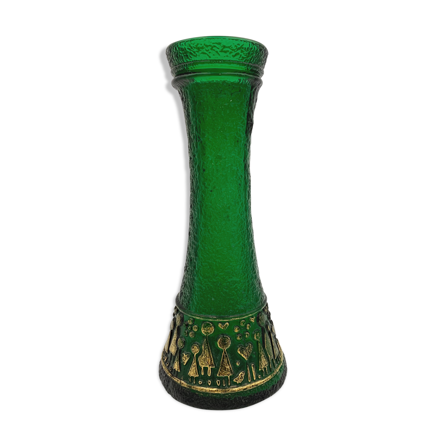 Vintage vase in moulded glass, green and gold patterns - 1970s