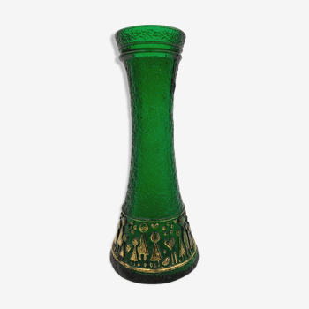 Vase vintage en verre moulé, vert et motifs or - années 1970