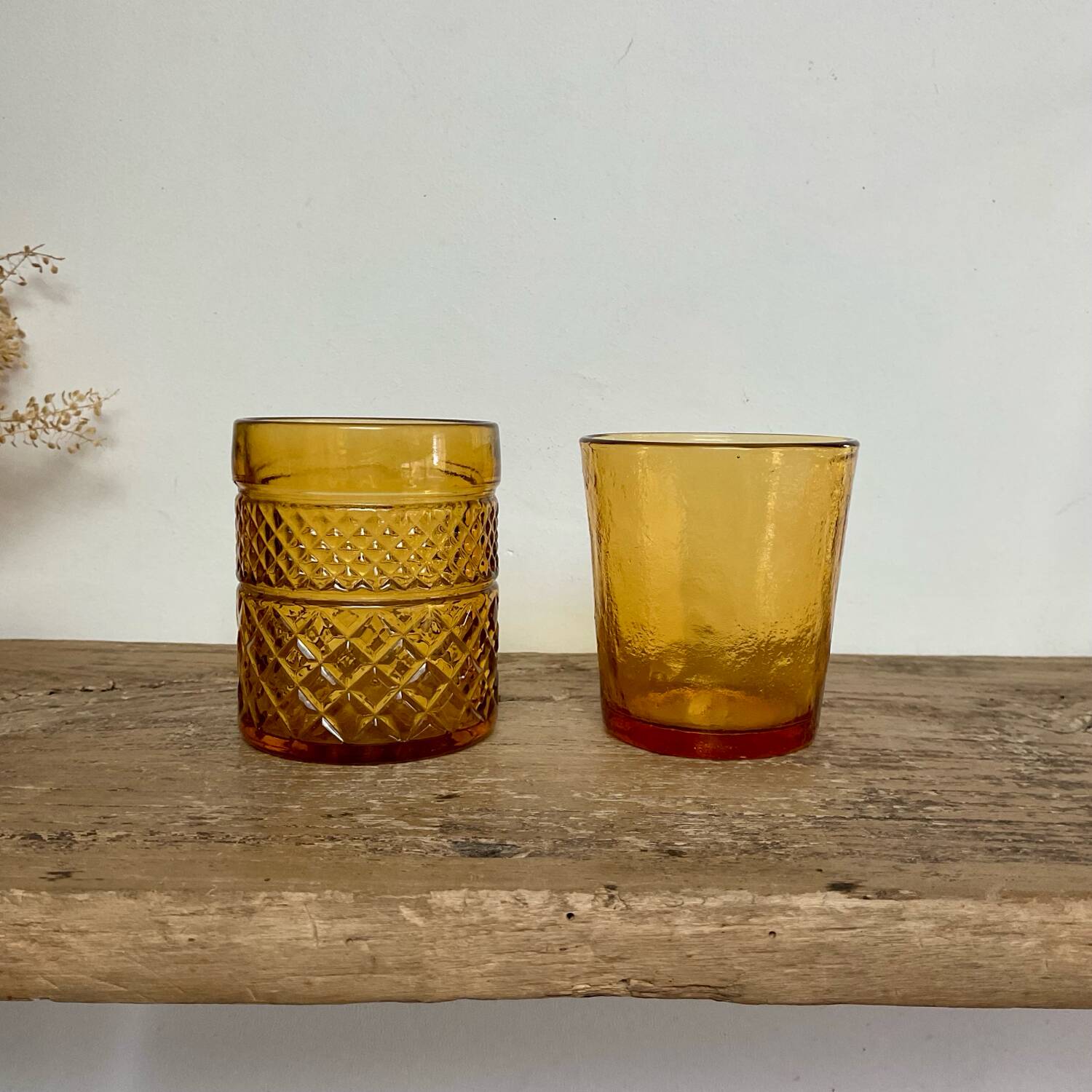 6 mismatched vintage amber glasses