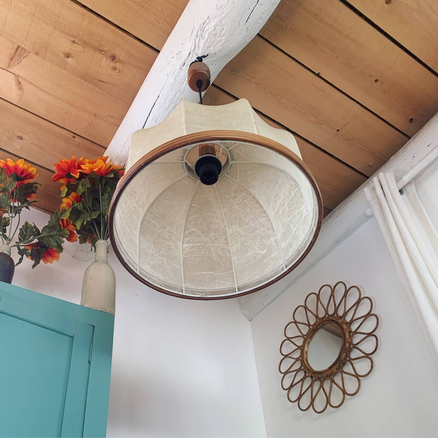 Vintage leather and rattan pendant light