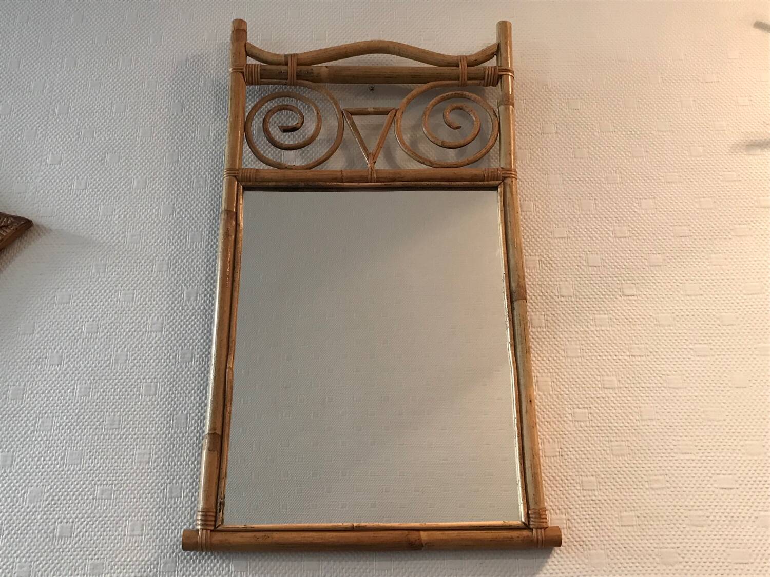 old rattan bamboo mirror owl shape vintage owl