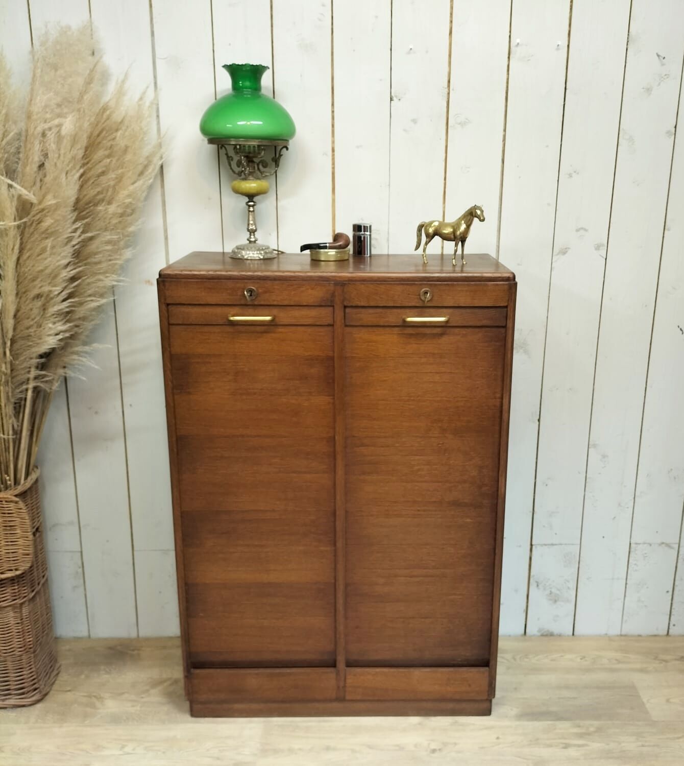Renovated 1977 oak filing cabinet with double curtain