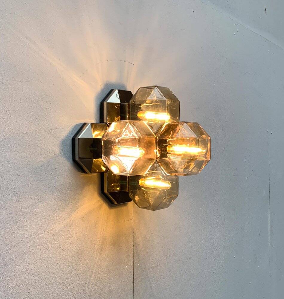 Vintage German wall or ceiling lamp from the space age in chrome and glass by Motoko Ishii for Staff, 1970s.