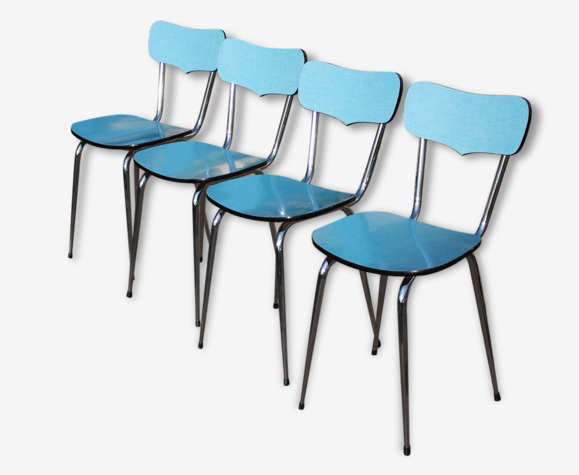 Lot 4 chaises formica bleu, années 60, marque MDJ | Selency