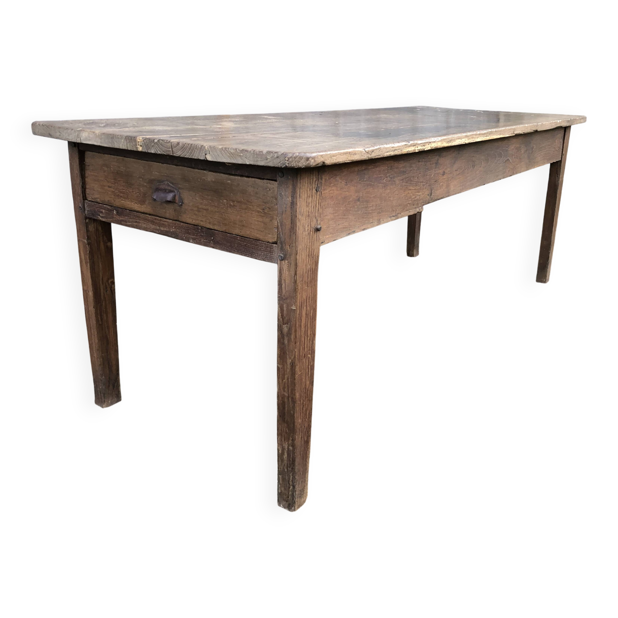 Antique farmhouse table in solid oak with tapered legs and 1 drawer at the end.