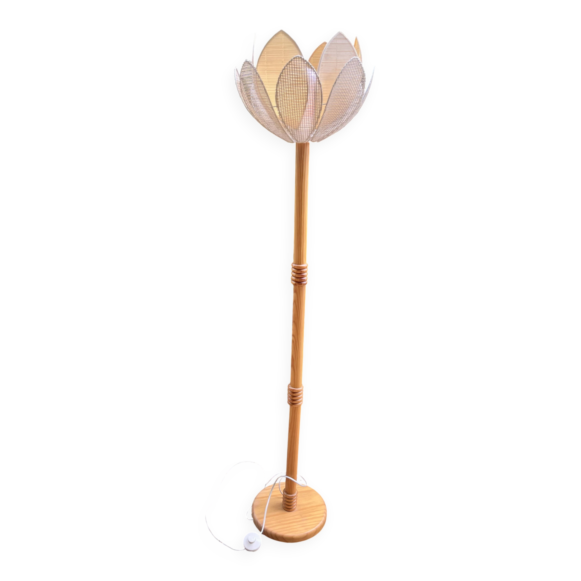 Large flower floor lamp in turned wood – Vintage – 70s/80s spirit