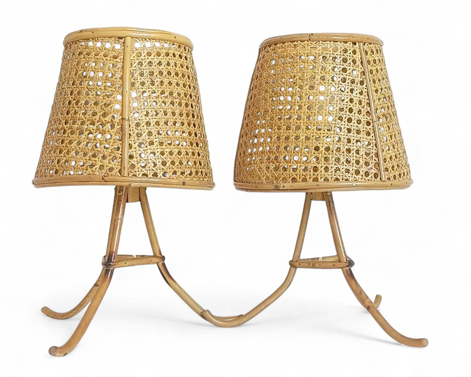 Mid-Century Bamboo and Cane Pair of Large Table Lamps By Louis Sognot, 1970s