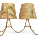 Mid-Century Bamboo and Cane Pair of Large Table Lamps By Louis Sognot, 1970s