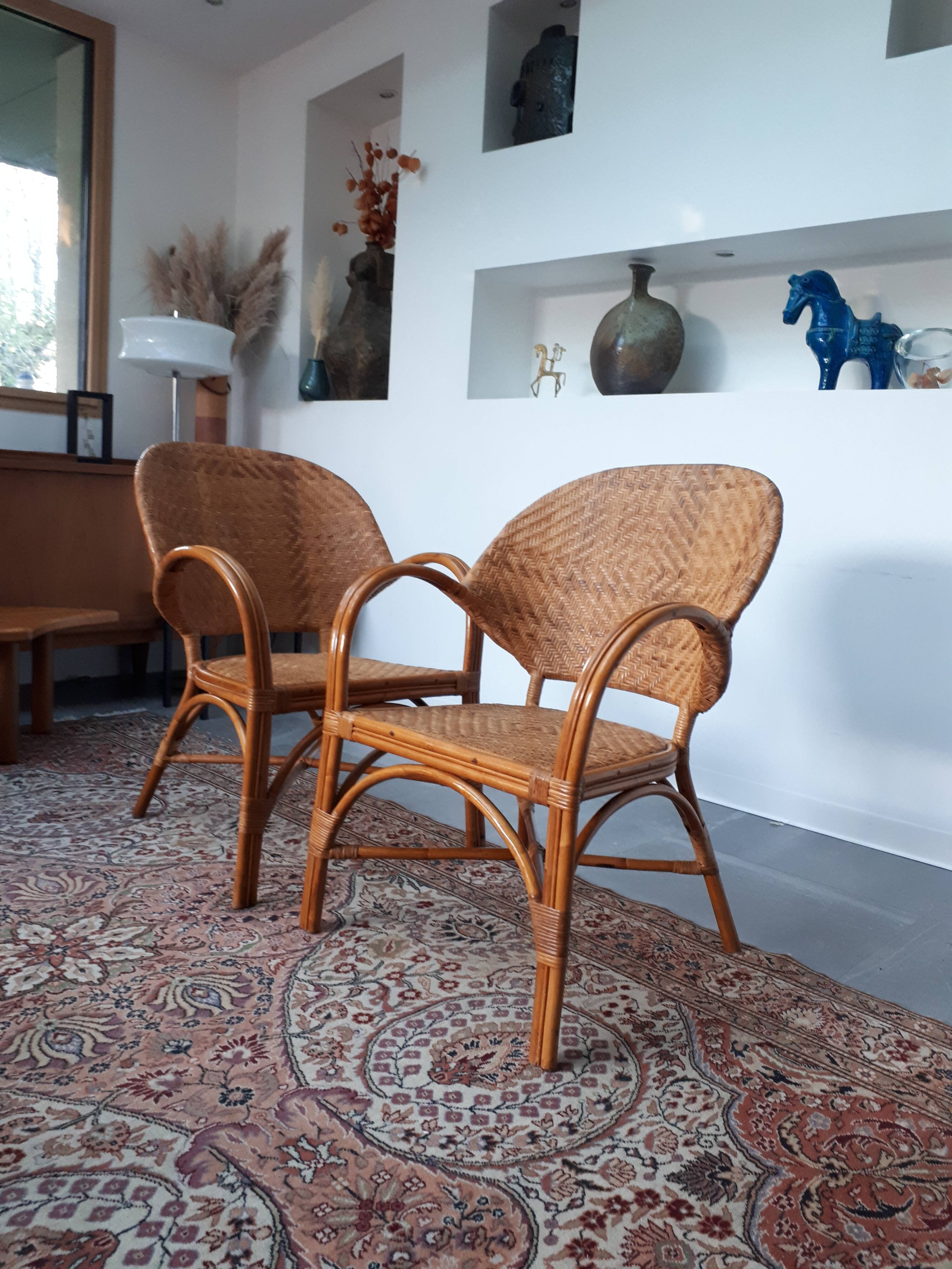 Pair of armchairs in braided rattan 70s