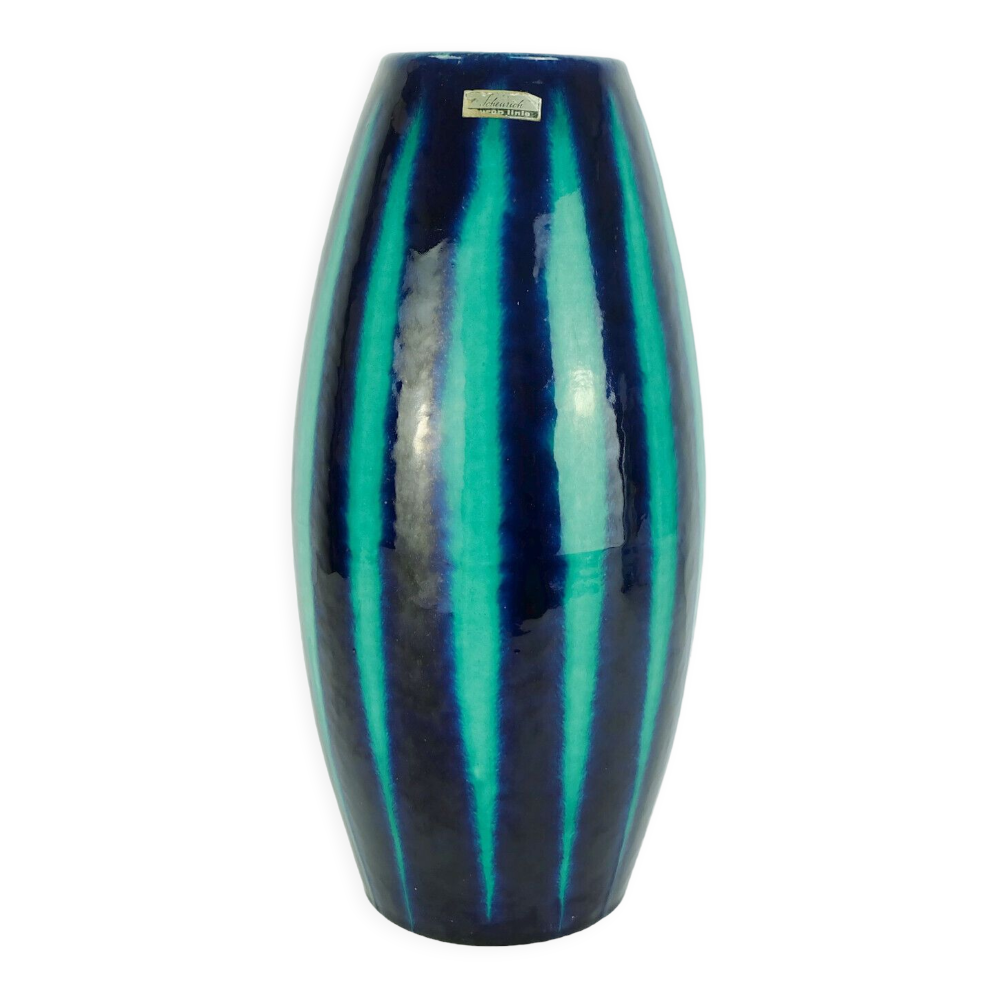 Scheurich europ-line mid century vase model 248-38 with stripe pattern in blue and emerald green