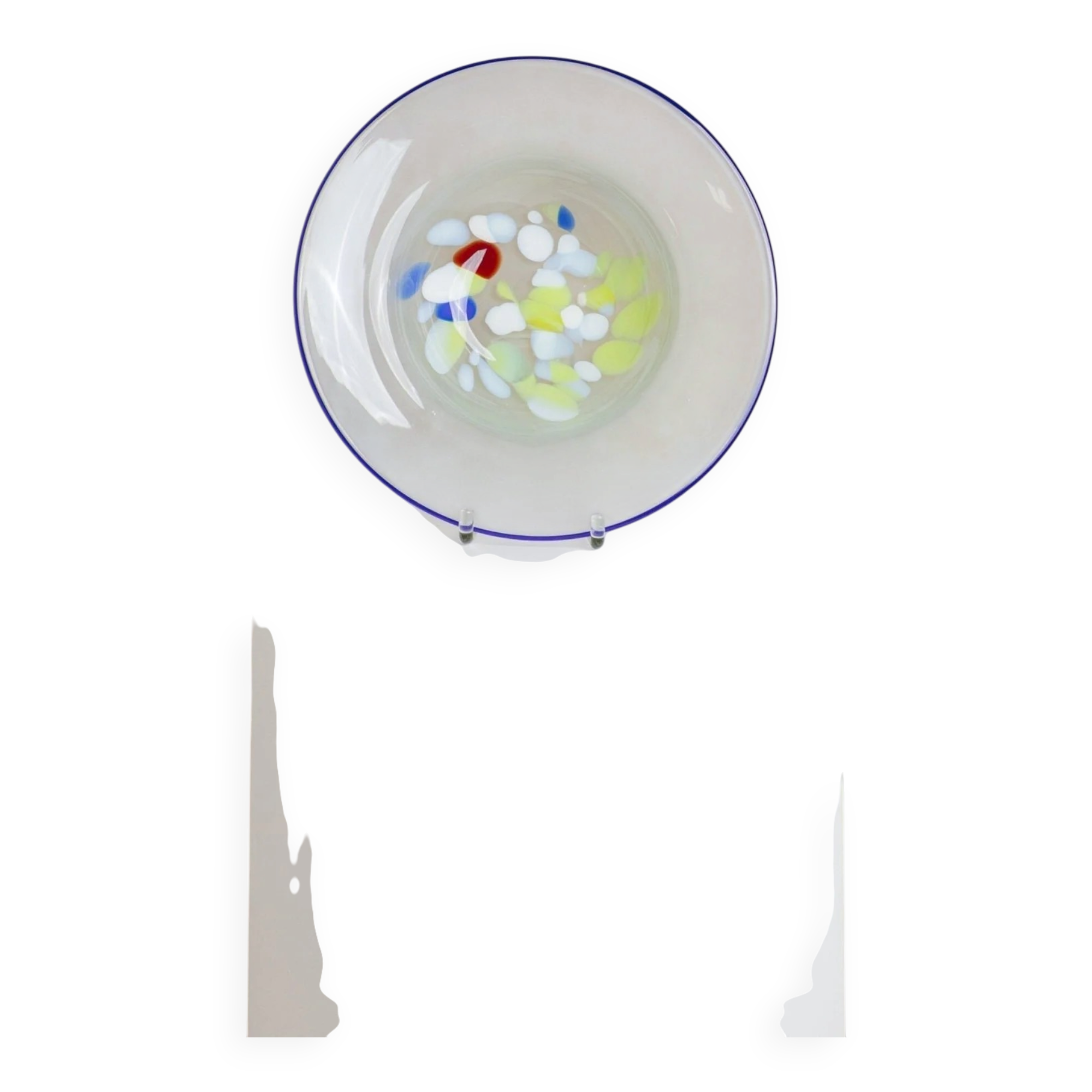 XL Vintage Murano Glass Bowl with Blue Rim and Multicolor Dots – Mouth-Blown Italian Glass, 1980s Pop Art