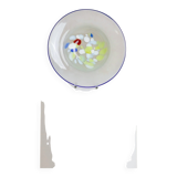 XL Vintage Murano Glass Bowl with Blue Rim and Multicolor Dots – Mouth-Blown Italian Glass, 1980s Pop Art