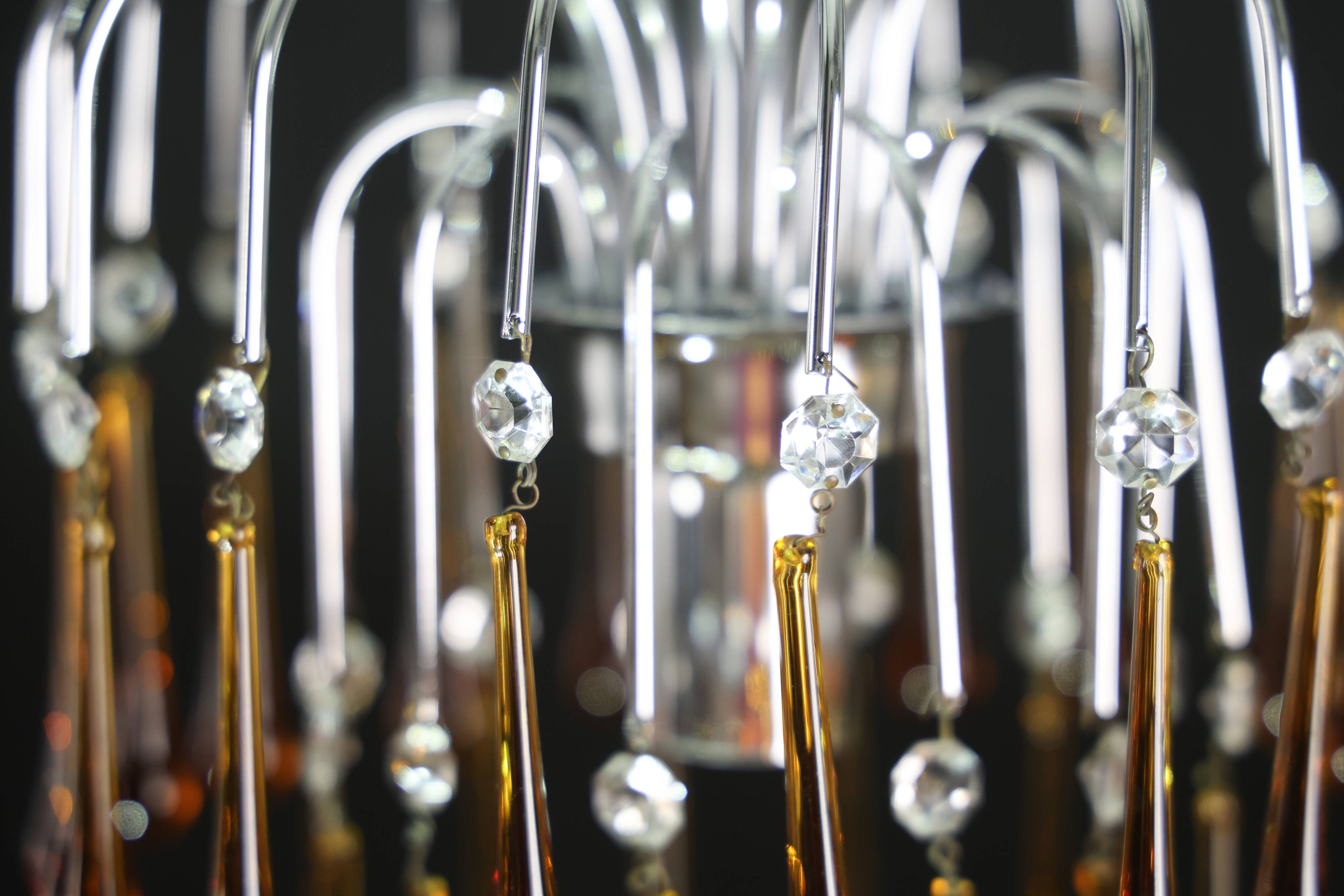 The Amber Crown, Murano Chandelier Amber and Crystal Drops, 1970s