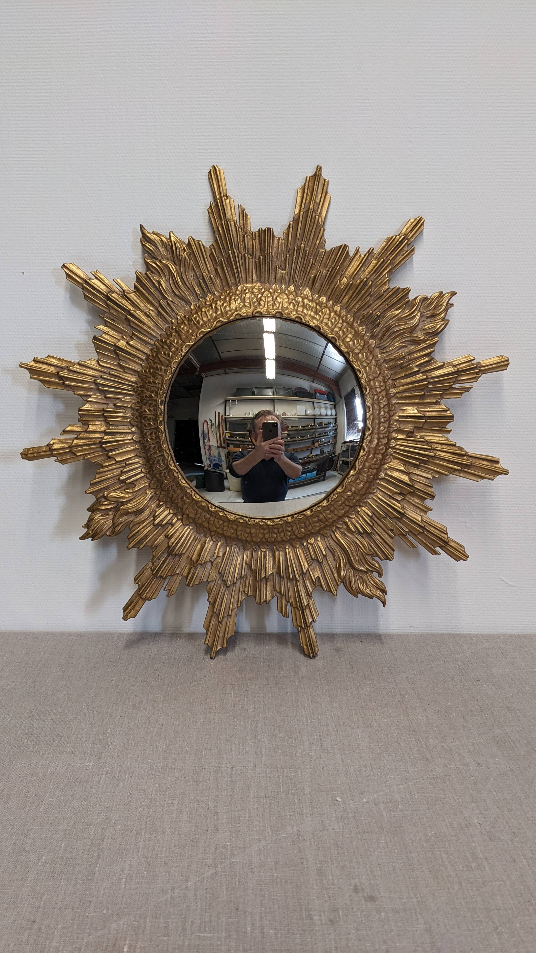 XL witch's eye sun mirror in gilded metal, Italy circa 1970