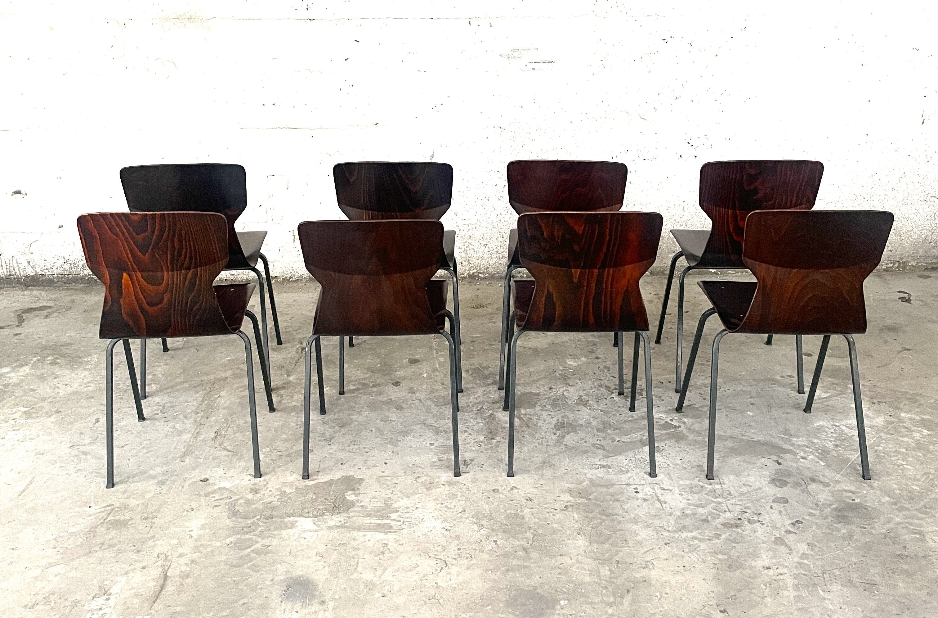 Set of 8 wenge wood chairs and gray green steel