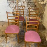 Set of 4 vintage Scandinavian style chairs with old pink velvet seat
