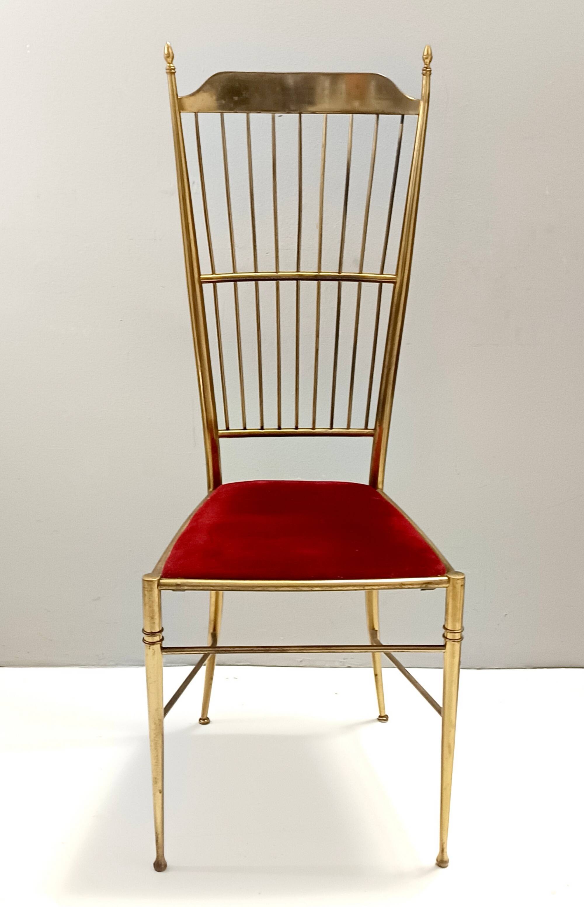Pair of Vintage Brass and Red Velvet Chiavarine Chairs, Italy