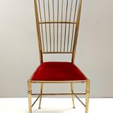 Pair of Vintage Brass and Red Velvet Chiavarine Chairs, Italy