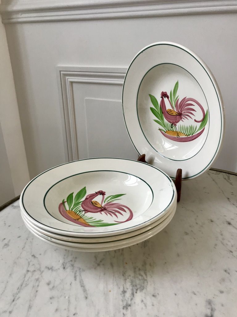 Lot of 5 hollow plates digoin sarreguemines model "rooster" years 40-50