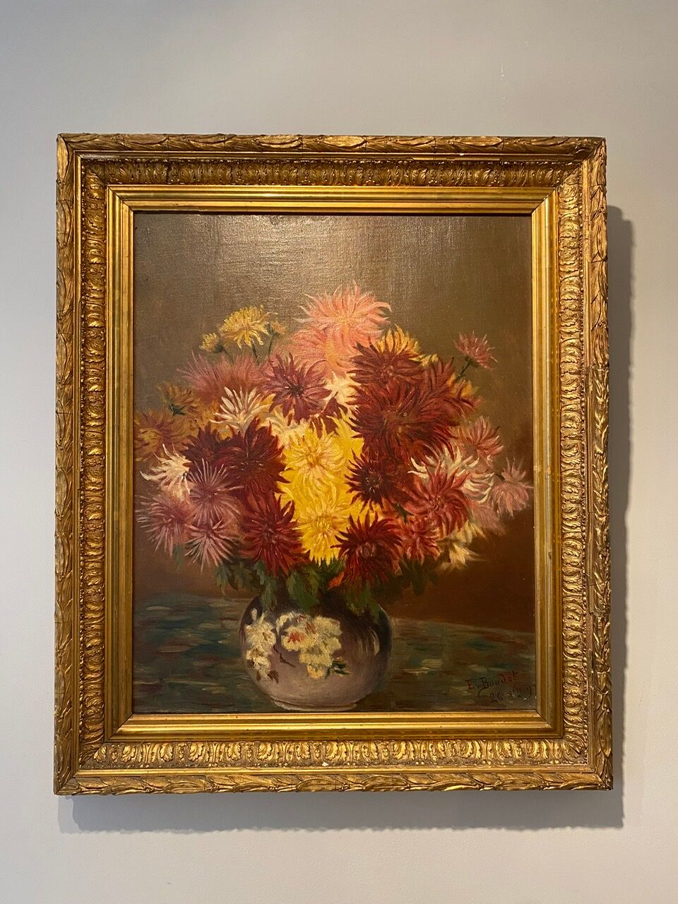 Old painting, still life with Dahlias, signed E Boudet late nineteenth century.